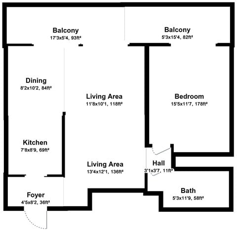 Floor plan for 1 bed, 1 bath, 660 sqft